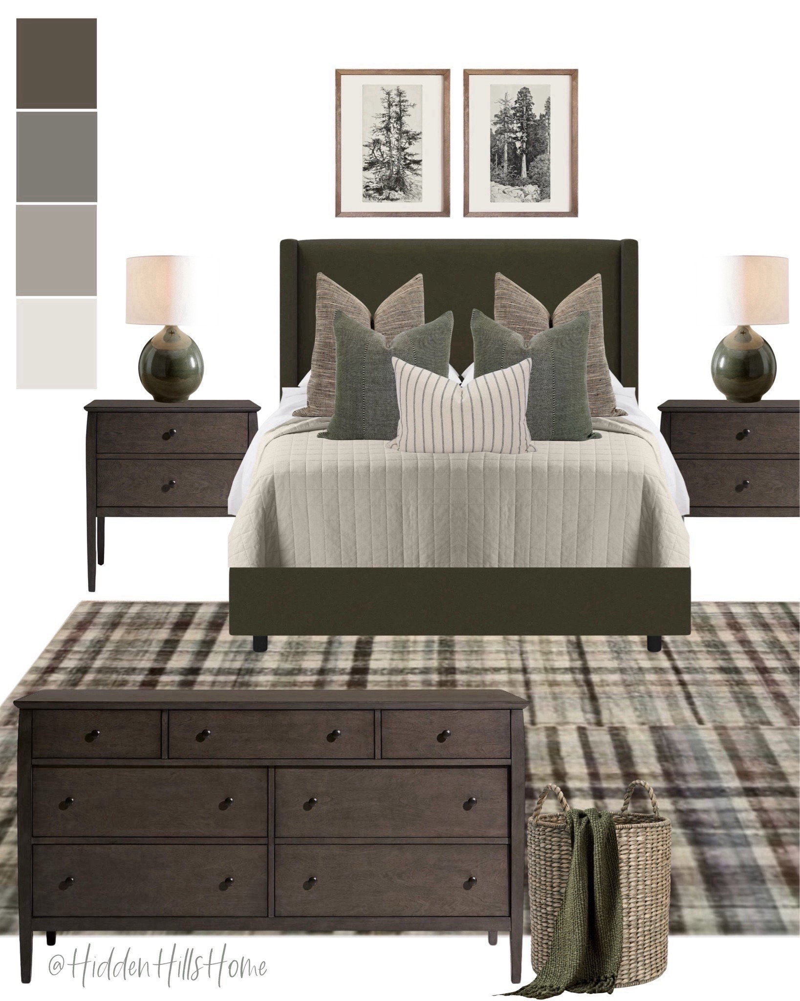 Masculine bedroom mood board, nightstand, bedroom rug, home decor, bedroom design ideas, moody bedroom decor, modern transitional bedroom mood board #bed