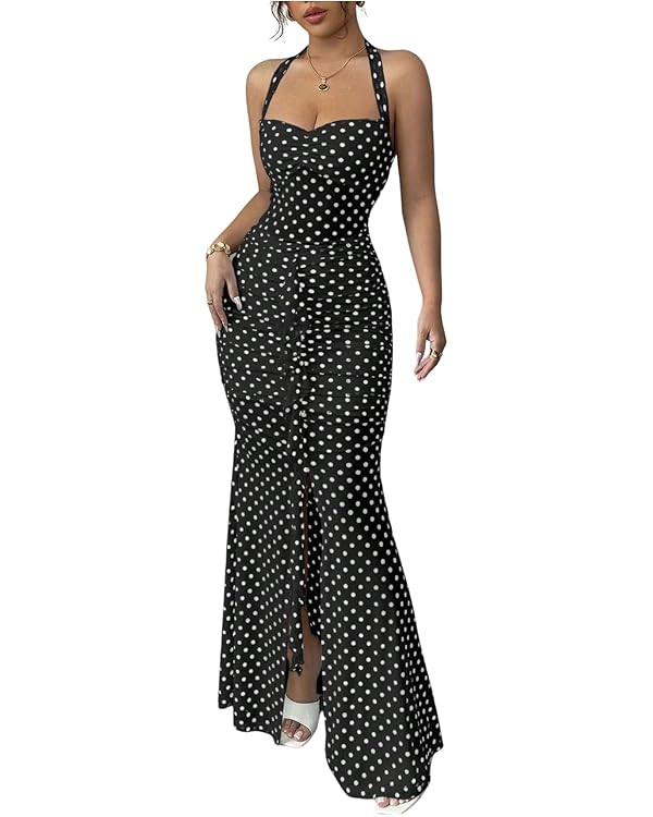 SOLY HUX Women's Polka Dots Mesh Bodycon Maxi Dress Halter Tie Back Split Fishtail Party Prom Dre... | Amazon (US)