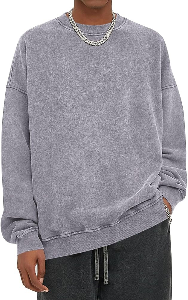 Wrenpies Oversized Vintage Crewneck Sweatshirt Men Acid Wash Cotton Baggy Trendy Streetwear Long Sleeve Shirts Pullover Tops | Amazon (US)