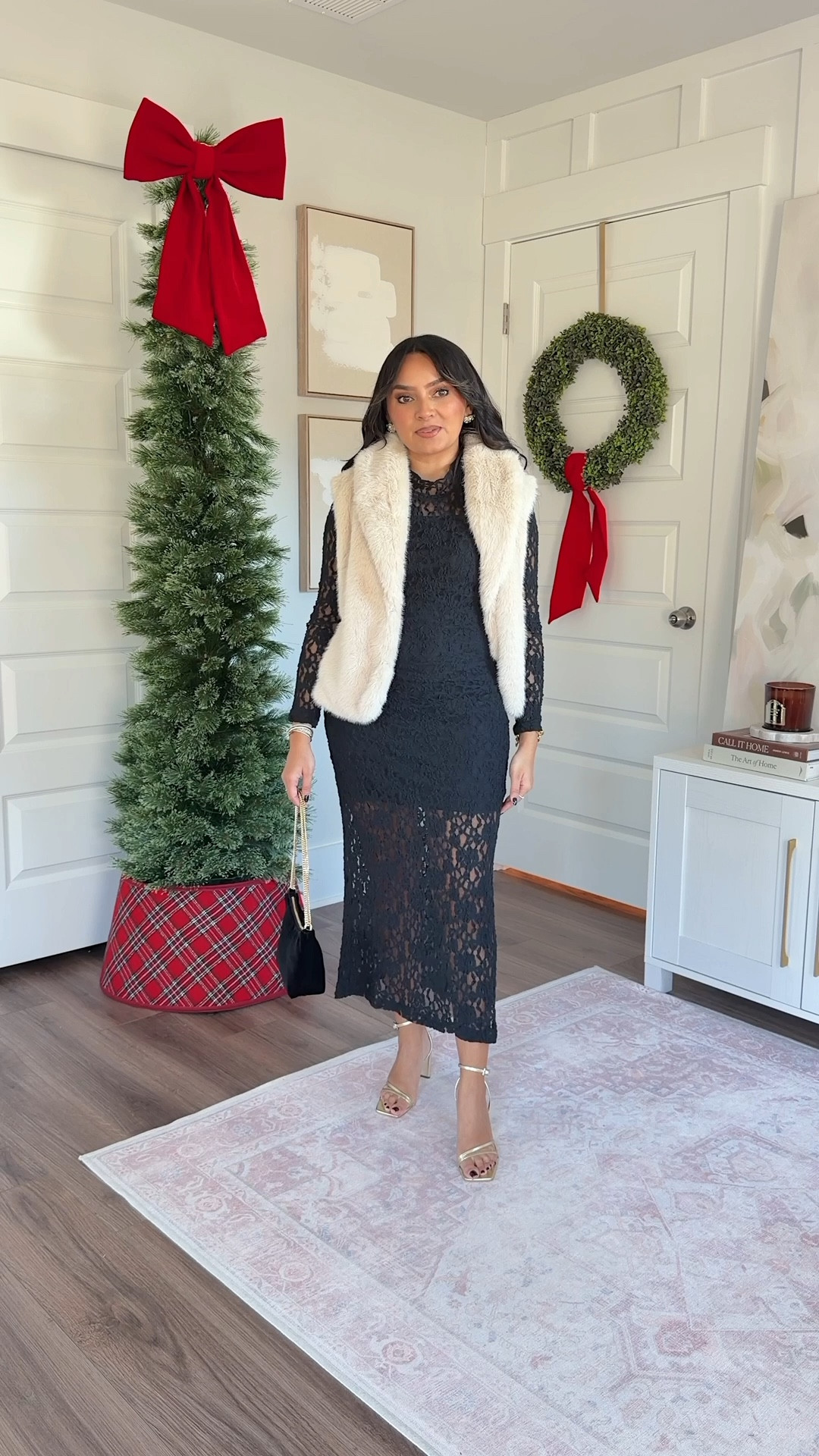 Faux fur vest size xs petite TTS 
Black lace maxi dress size xs petite TTS
Gold heels size 5 TTS

#LTKHoliday #LTKPetite #LTKSaleAlert