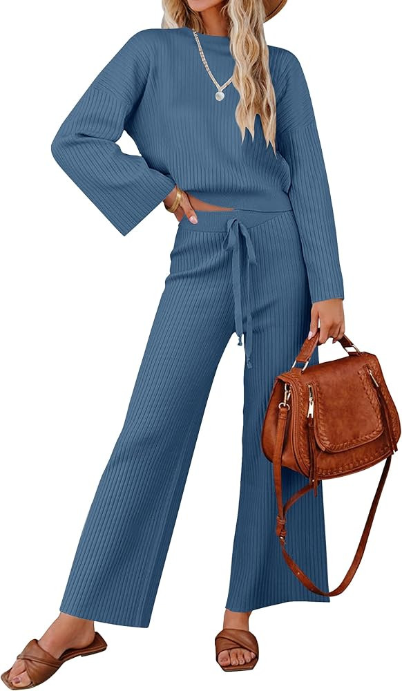 ZESICA Women's 2 Piece Outfits Set 2024 Casual Long Sleeve Knit Pullover Top and Wide Leg Pants S... | Amazon (US)