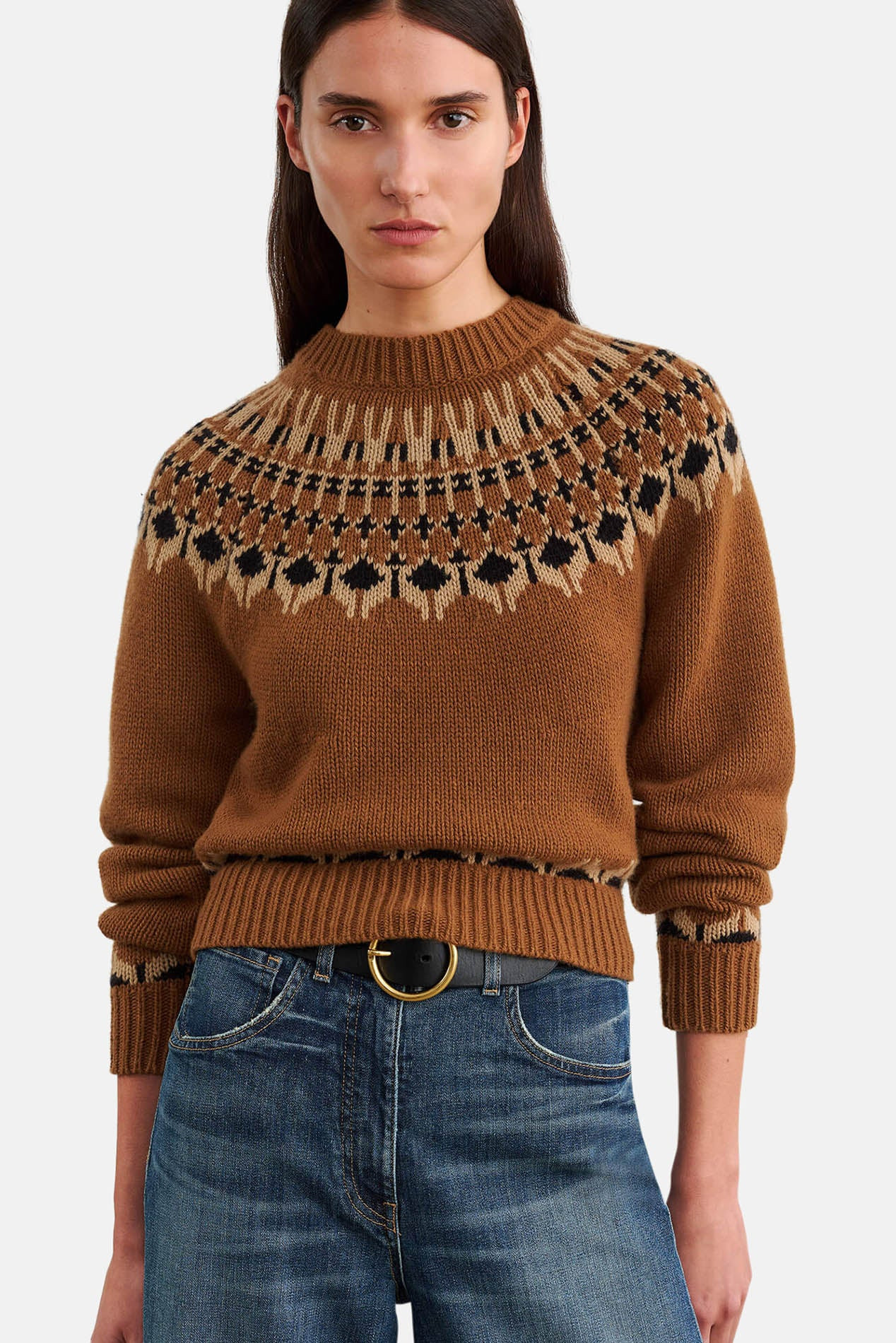 Fern Sweater Caramel Fairisle | Blue & Cream