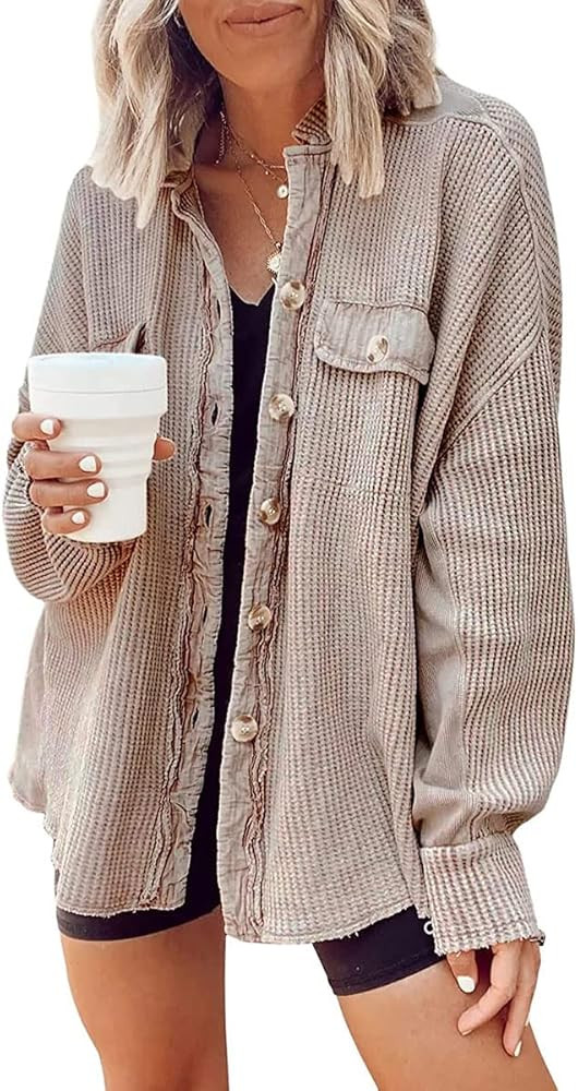 ebossy Womens Long Batwing Sleeve Splicing Cardigan Lightweight Waffle Textured Boyfriend Shirt J... | Amazon (US)