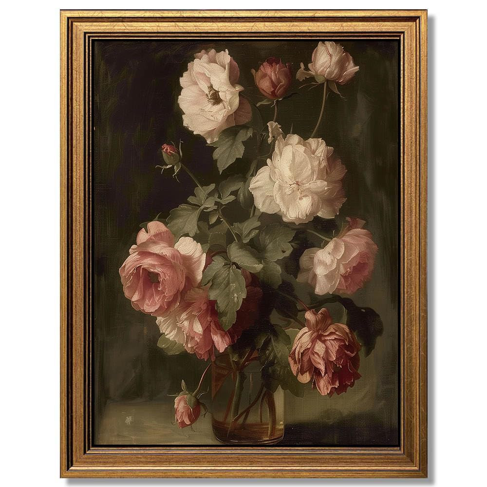 Gold Framed Wall Art Vintage Flower Vase Painting Canvas Print Living Room Bedroom Kitchen Wall D... | Amazon (US)