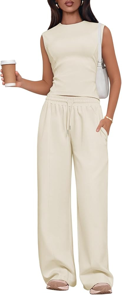 Lazysmile 2 Piece Sets for Women Summer Outfits Lounge Sets Sleeveless Tops Wide Legs Long Pants ... | Amazon (US)
