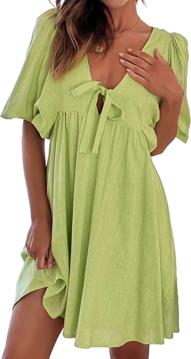 Women's Casual Dresses 2023 Summer Dresses Lantern Sleeve Mini Dress Solid Color V Neck Tie Front... | Amazon (US)