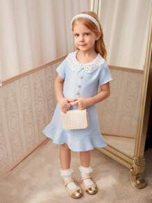 Young Girl Urban Elegant Lace Peter Pan Collar Short Sleeve Blue Dress For Summer | SHEIN
