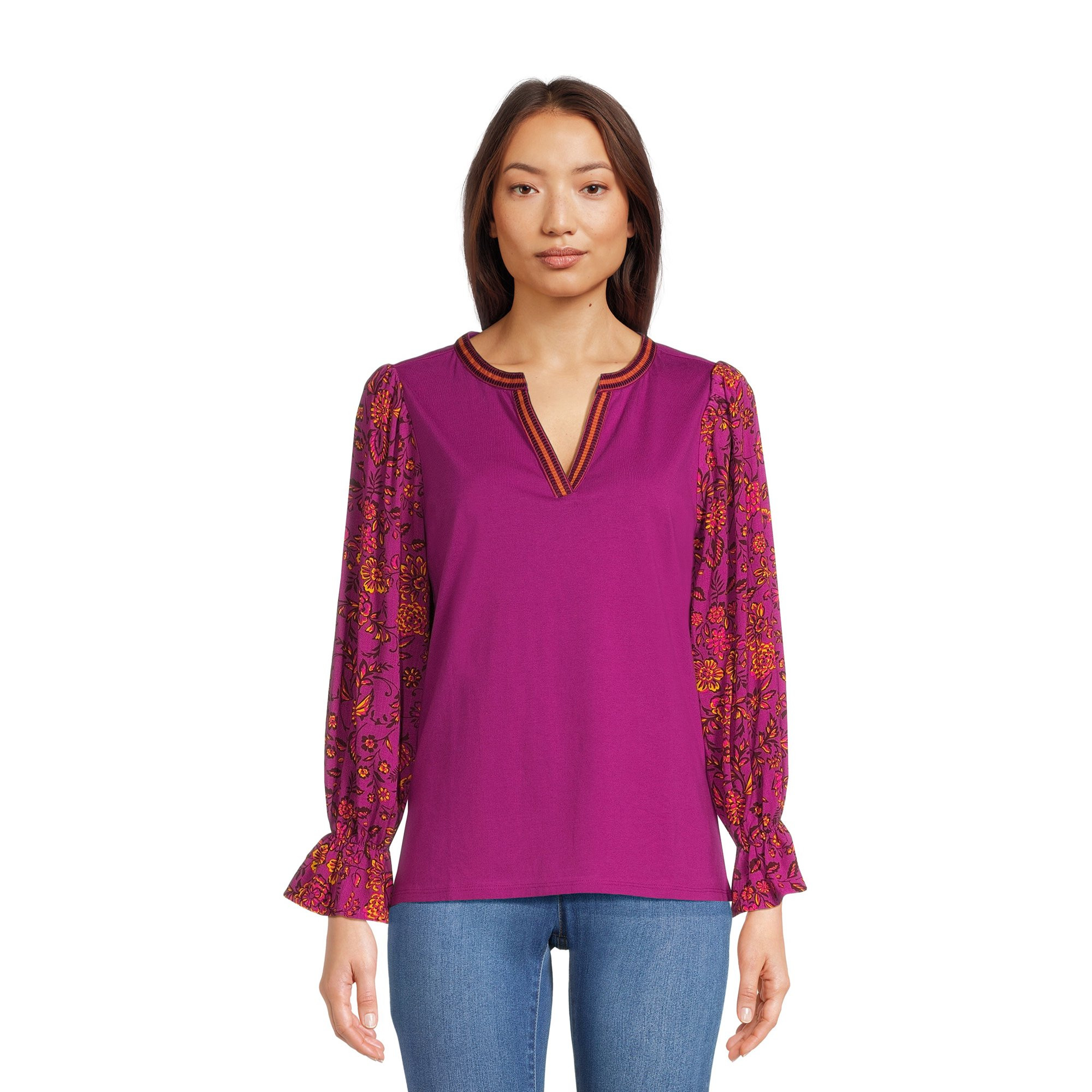 The Pioneer Woman Print Sleeve Split Neck Top, Women's | Walmart (US)