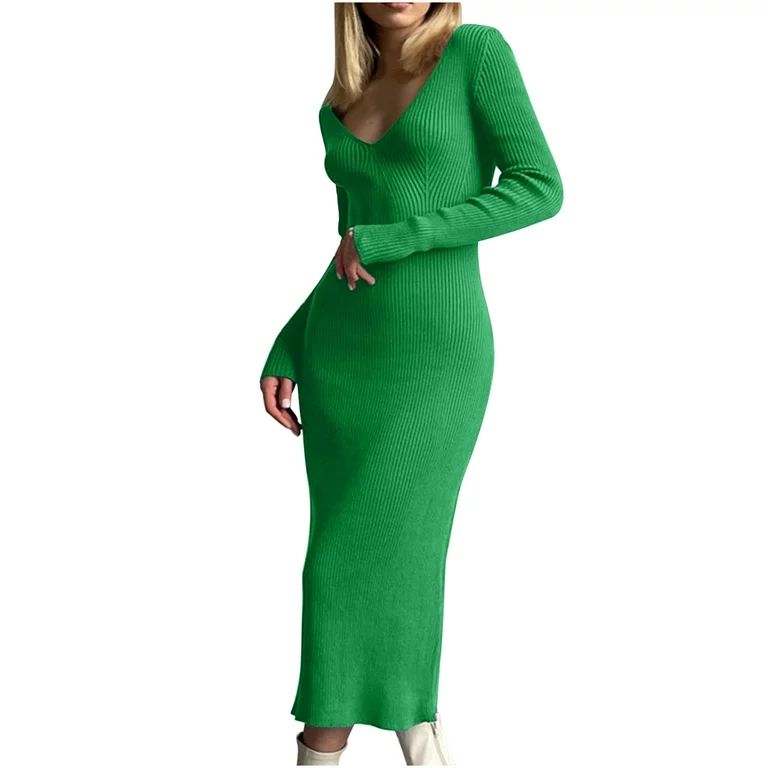 Womens Long Sleeve V Neck Ribbed Slim Fitted Dress Solid Color Knitted Midi Dress Sretchy Comfy F... | Walmart (US)