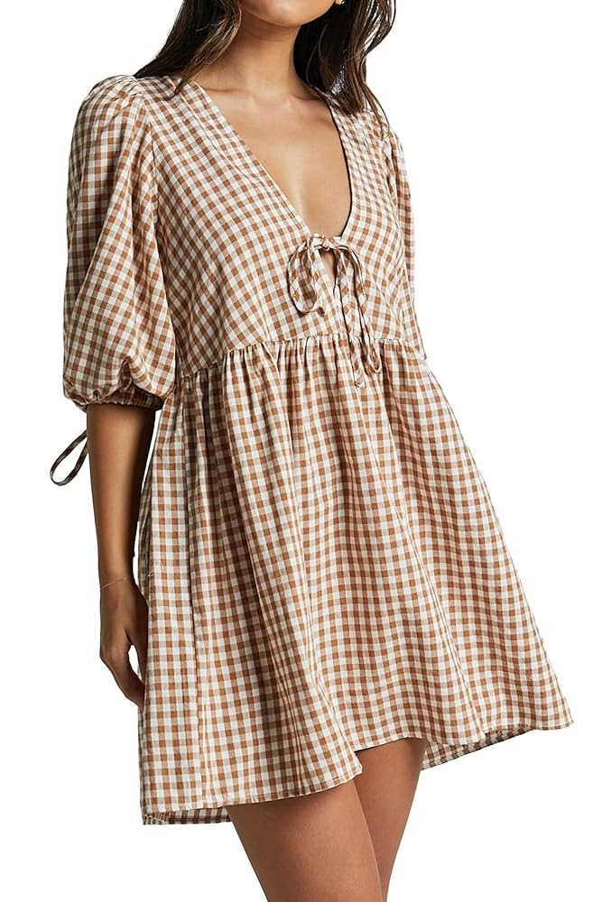 Women's Gingham Puff Sleeve Tie Front Babydoll Mini Dress | Amazon (US)