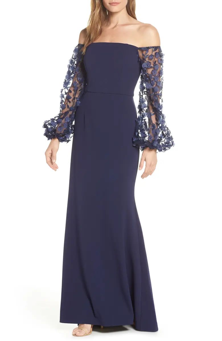 Off the Shoulder 3D Floral Sleeve Scuba Crepe Evening Dress | Nordstrom