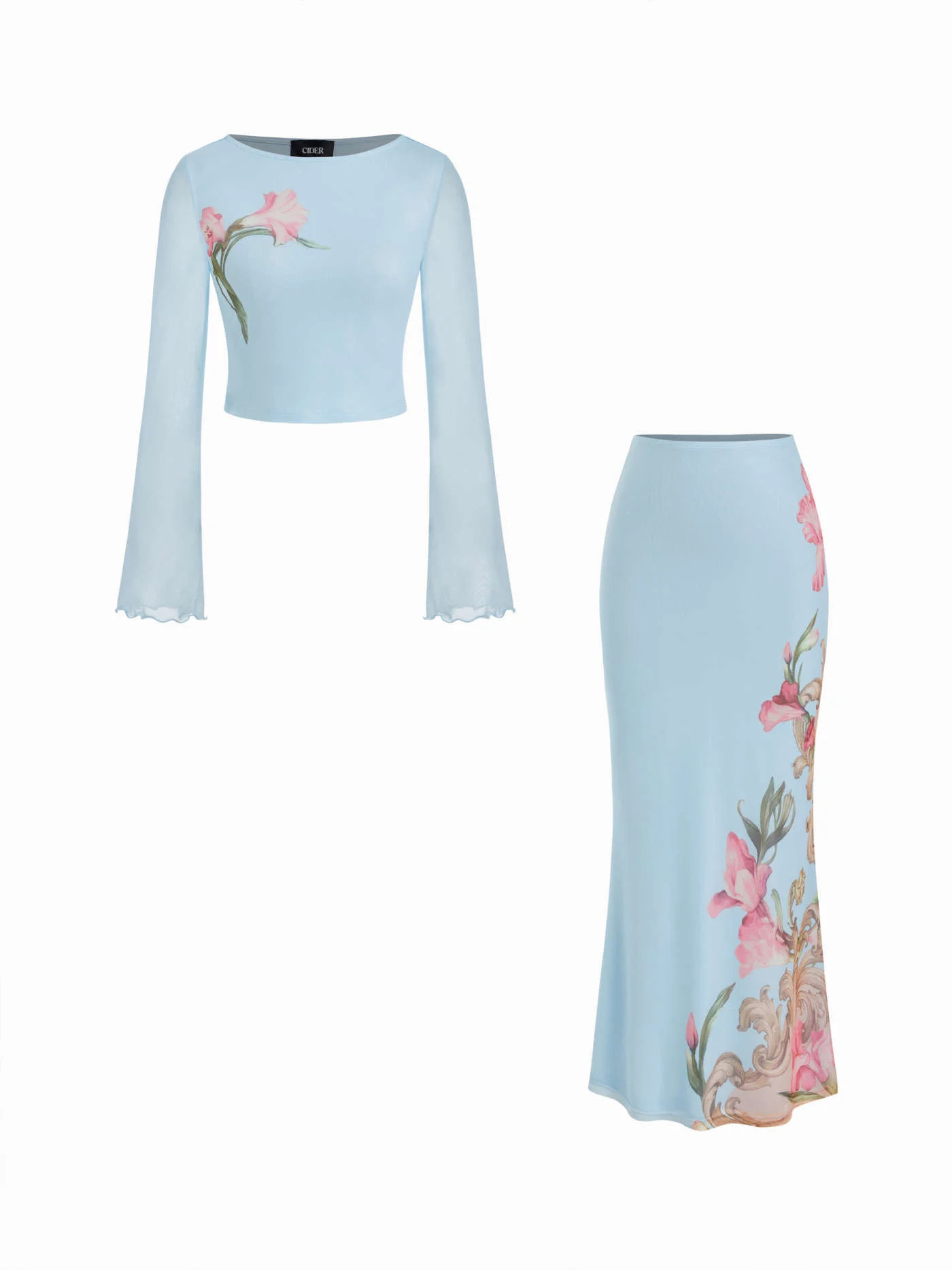 Mesh Floral Boat Neck Bell Sleeve Top & Mid Rise Mermaid Maxi Skirt Set CHF 52.90 | Cider