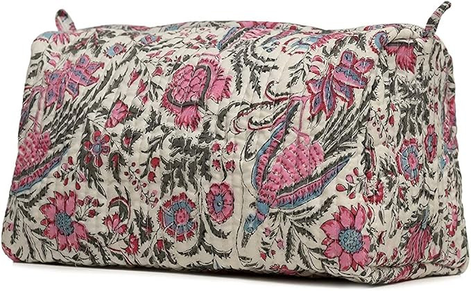 Cotton Hand Block Floral Print Toiletry Bag For Women Make Up Cosmetic Bag Jewelry Organizer Kit ... | Amazon (US)