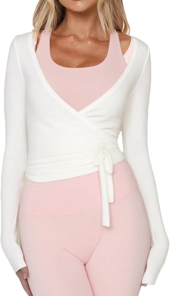 Women Wrap Tie Top Y2k Long SLeeve Ballet Workout Yoga Shirt Coquette Blouses | Amazon (US)