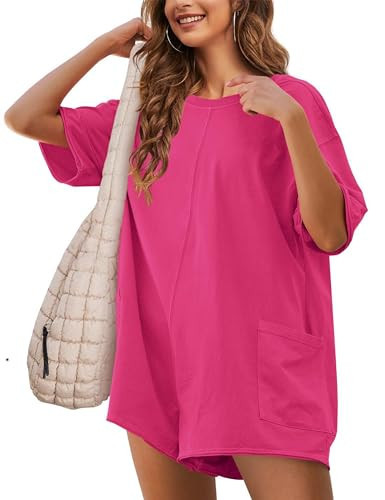 LTSCNRM Womens Tee Rompers Casual One Piece Hot Shot Oversized Overall Short Sleeve Reversible Athletic Workout Pockets(HotPink-XS) | Amazon (US)