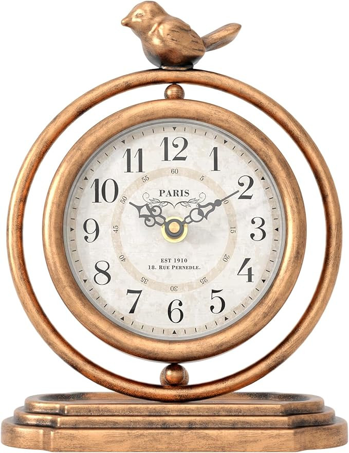 Gold Vintage Table Clock with Bird, European Retro Style Mantel Clocks, Desk and Shelf Decor Cloc... | Amazon (US)