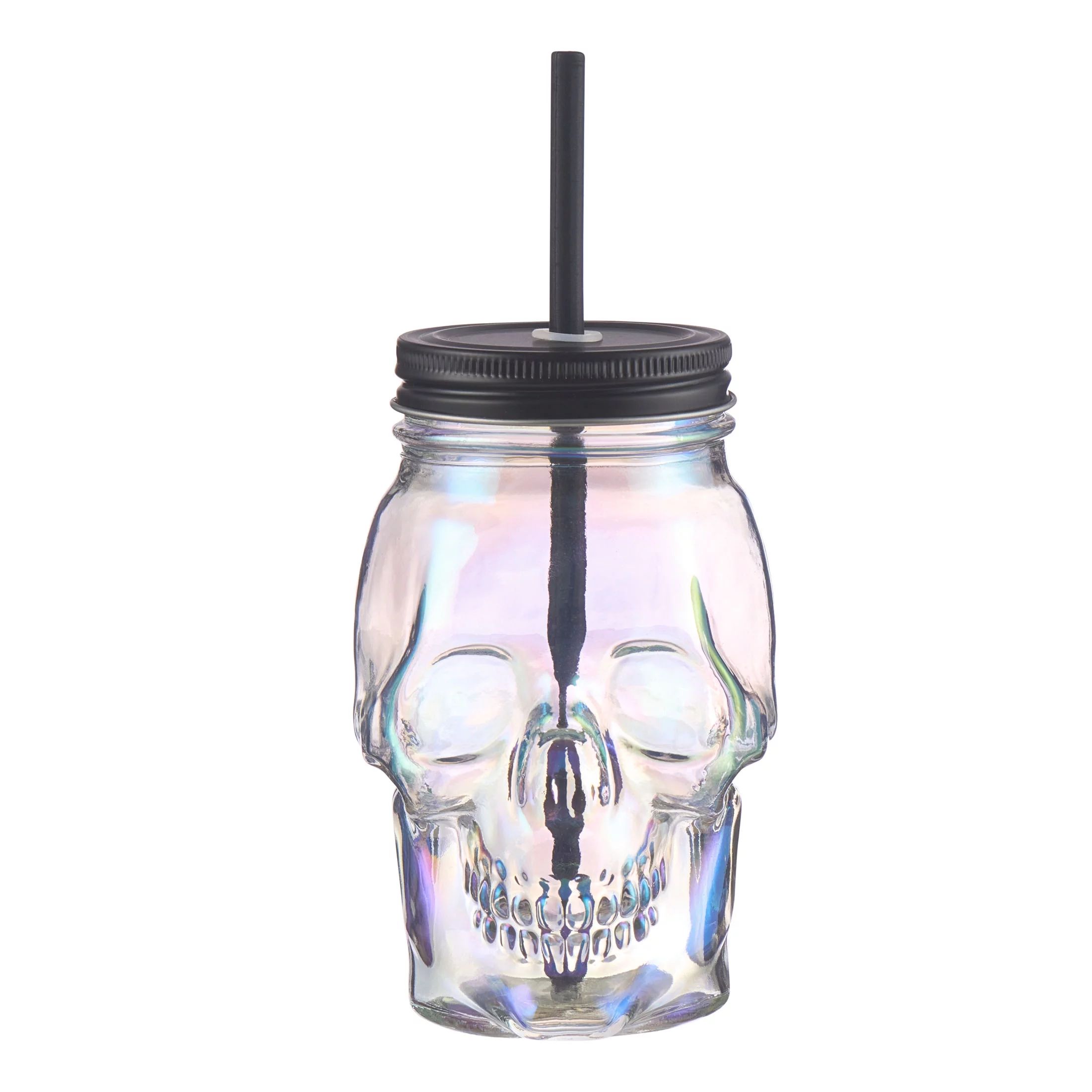Way to Celebrate 18 oz Clear Iridescent Glass Skull Sipper with Lid & Silicione Straw | Walmart (US)