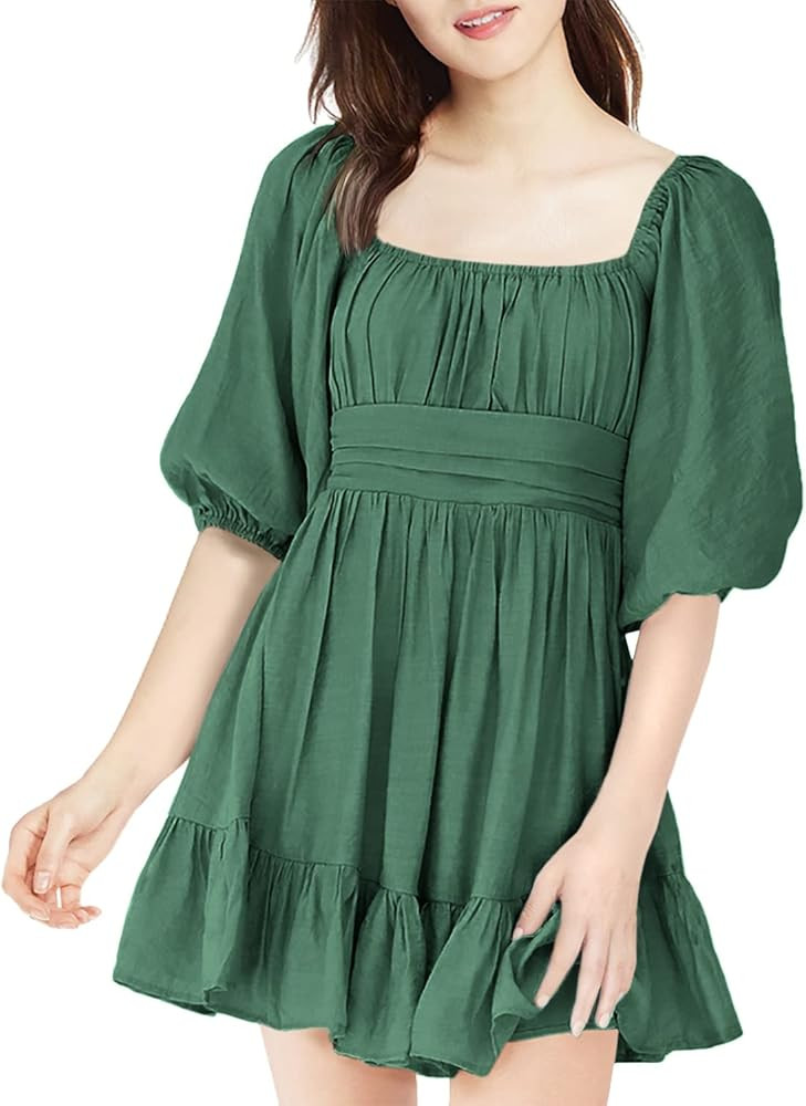 Dokotoo Womens Summer Dresses Square Neck Lantern Sleeve Tie Backless Ruffle A-Line Casual Dress | Amazon (US)