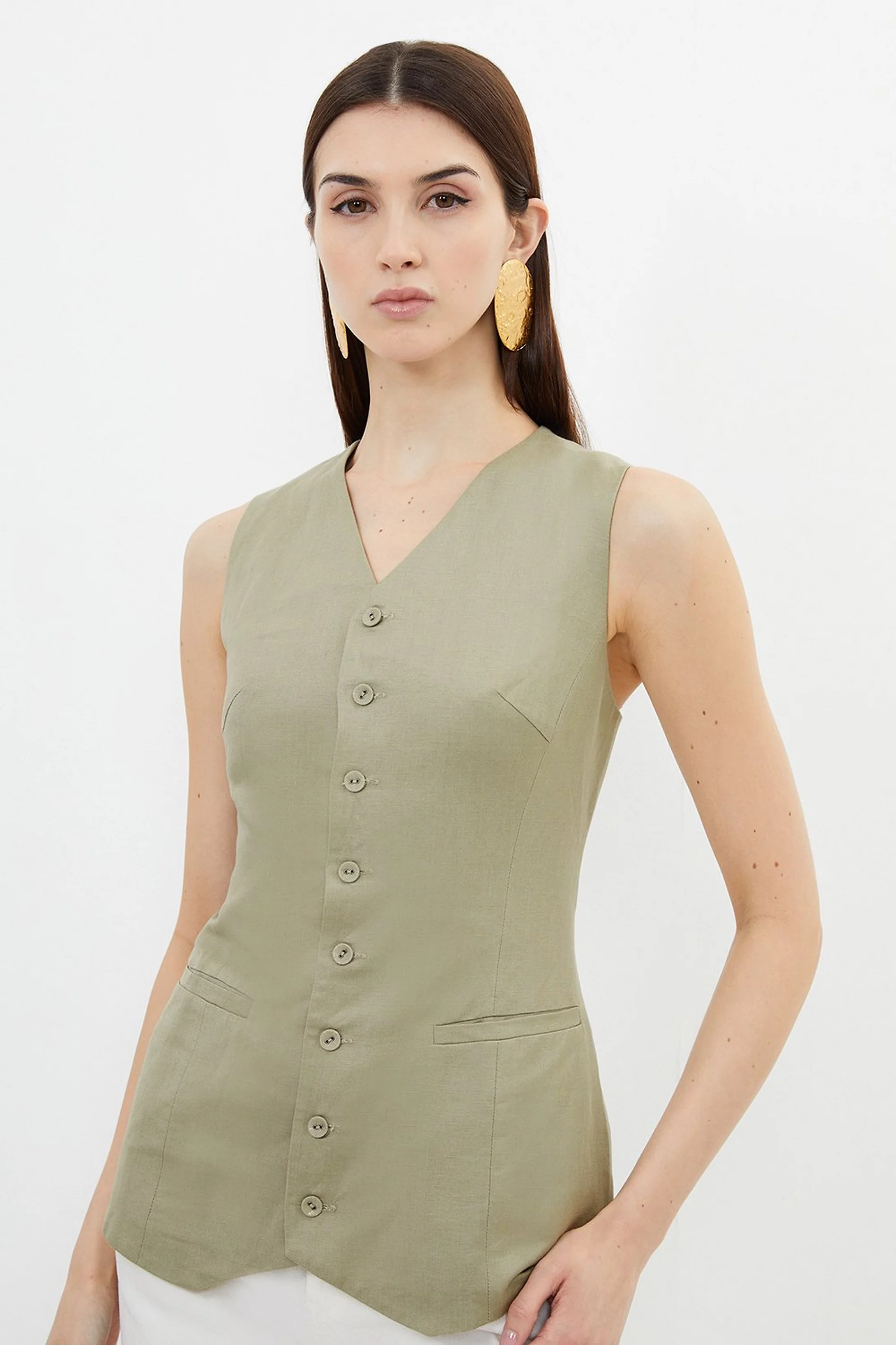 Viscose Linen Woven Long Waistcoat | Karen Millen UK + IE + DE + NL