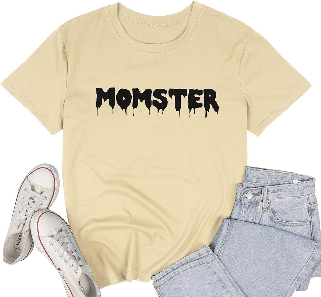 EGELEXY Momster T Shirt Women Halloween Funny Letter Print Mom Tops Tees Casual Short Sleeve Holi... | Amazon (US)
