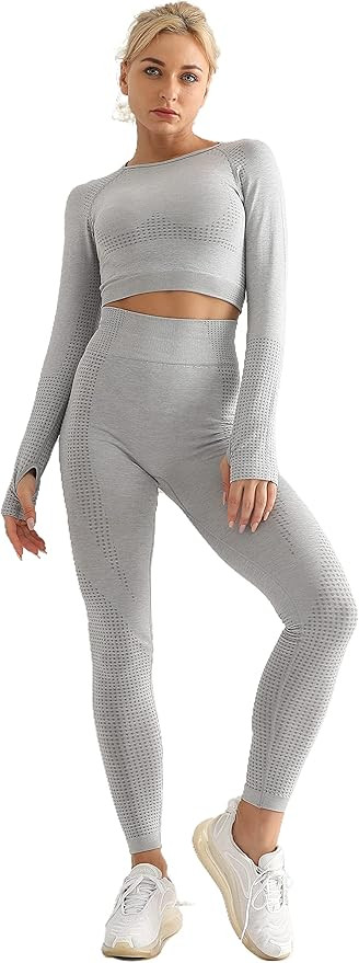 BABABA Women's Seamless Exercise Set Yoga Gym 2 Piece Long Sleeve Top +Tights | Amazon (US)