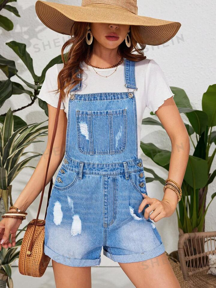SHEIN VCAY Women's Distressed Denim Overalls Shorts | SHEIN