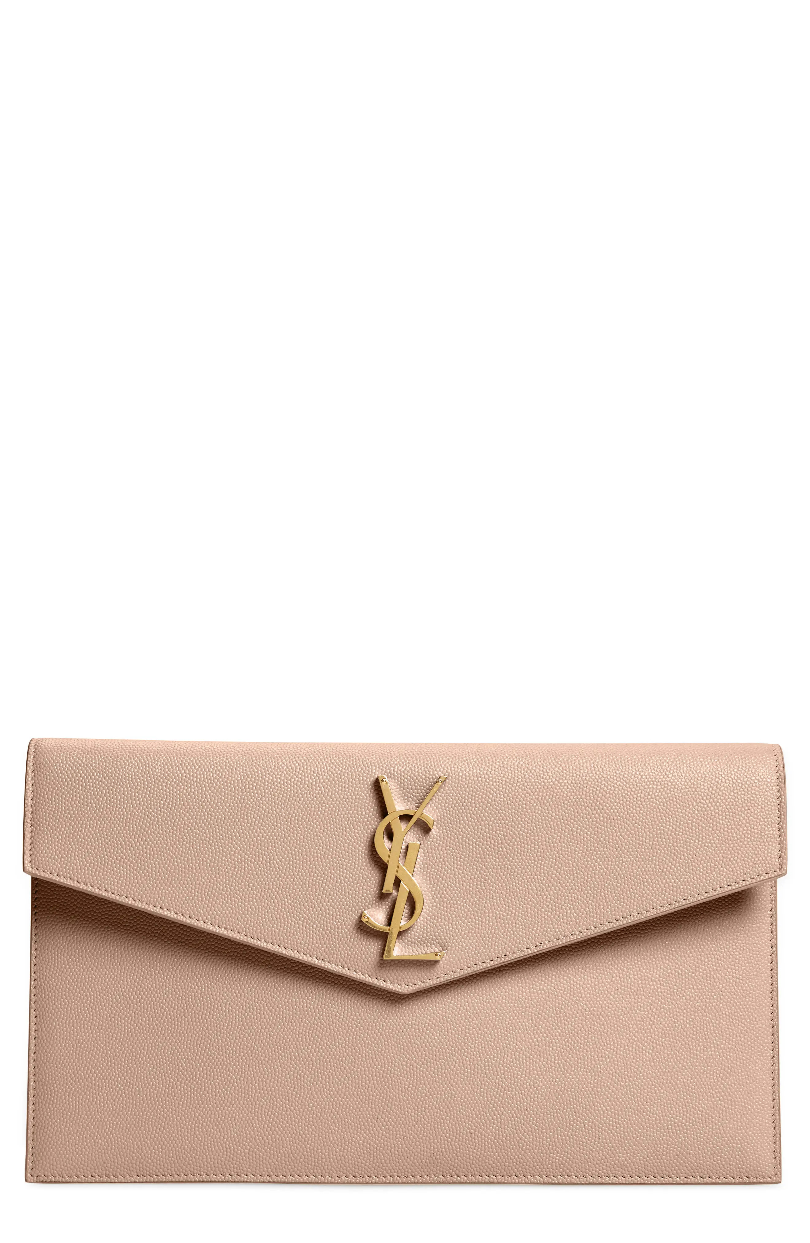Saint Laurent Uptown Calfskin Leather Envelope Clutch in Dark Beige at Nordstrom | Nordstrom
