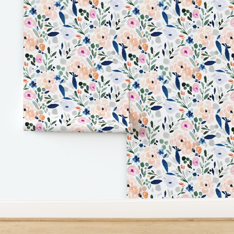 Watercolor Spring Pink And Blue Floral Pre-pasted Removable Wallpaper 9ft x 2ft Roll Sierra-Floral-W | Spoonflower