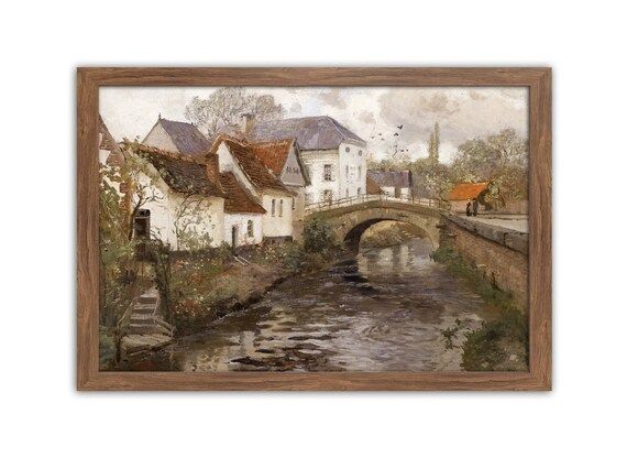 Vintage Country Painting, Small Town bridge, Rustic Village, Canal, Vintage Home Decor, Printable... | Etsy (US)