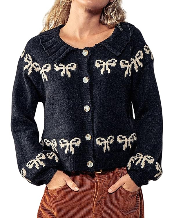 Womens Scalloped Collar Bow Sweater Cardigan Y2K Long Sleeve Embroidered Knitwear Outerwear | Amazon (US)