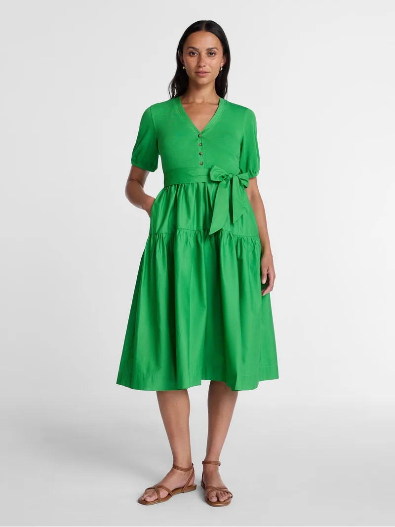 Time and Tru Women's Mixed Media Midi Dress with Puff Sleeves, Sizes XS-XXXL | Walmart (US)
