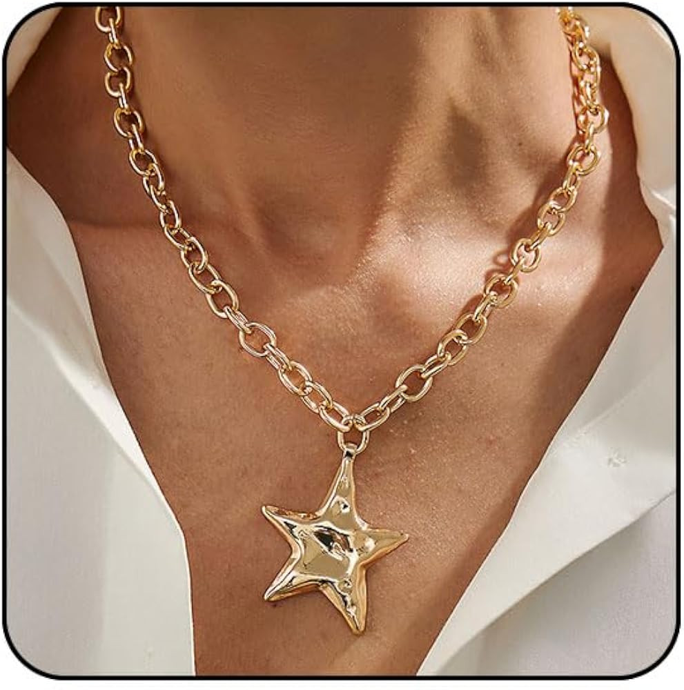 Chunky Gold Star Necklace Big Silver Statement Necklace for Women Big Star Chunky Necklaces Large... | Amazon (US)