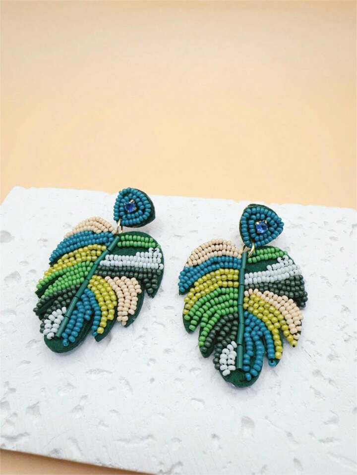 1pair Handmade Bohemian Rice Bead Woven Tree Leaf Earrings For Women | SHEIN