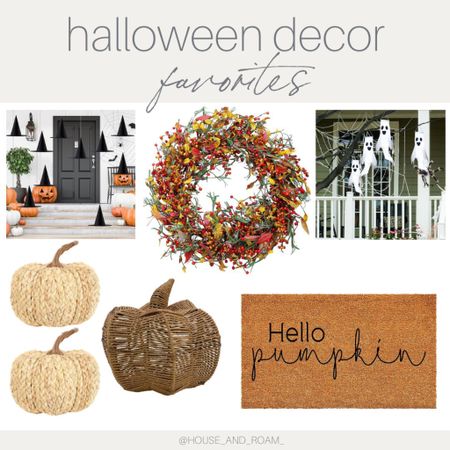 Halloween decor for your home from ghosts to witch hats, door mats, Fall wreaths and rattan pumpkins. #halloweendecor #doormat #falldecor