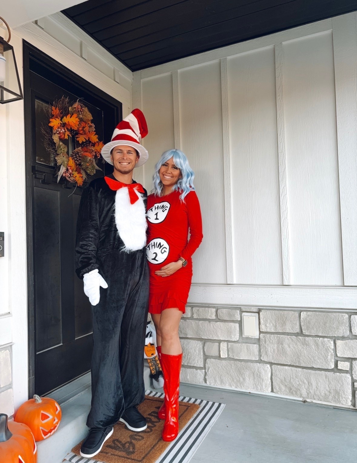Our Halloween costume from last year when I was pregnant!

Cat in the hat and thing 1 + thing 2 costume

| pregnant Halloween costume | couples Halloween costume | amazon fashion