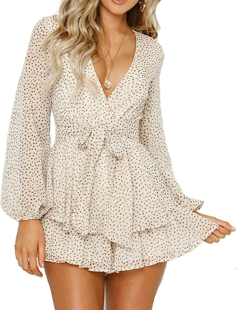Women's Polka Dot Jumpsuits Deep V-Neck Long Sleeve Knot Front Ruffle Hem Floral Rompers | Amazon (US)