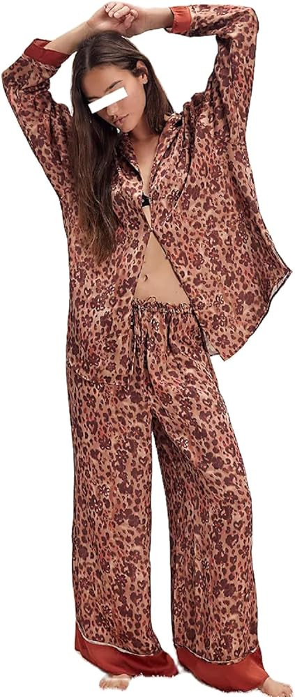 Womens Y2k Silk Pajama Sets Floral Print Long Sleeve Button Down Shirts Wide Leg Pants 2 Piece Lo... | Amazon (US)