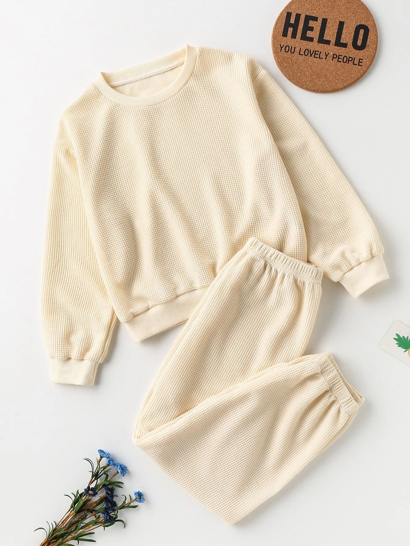 Girls Waffle Knit Pullover & Pants | SHEIN