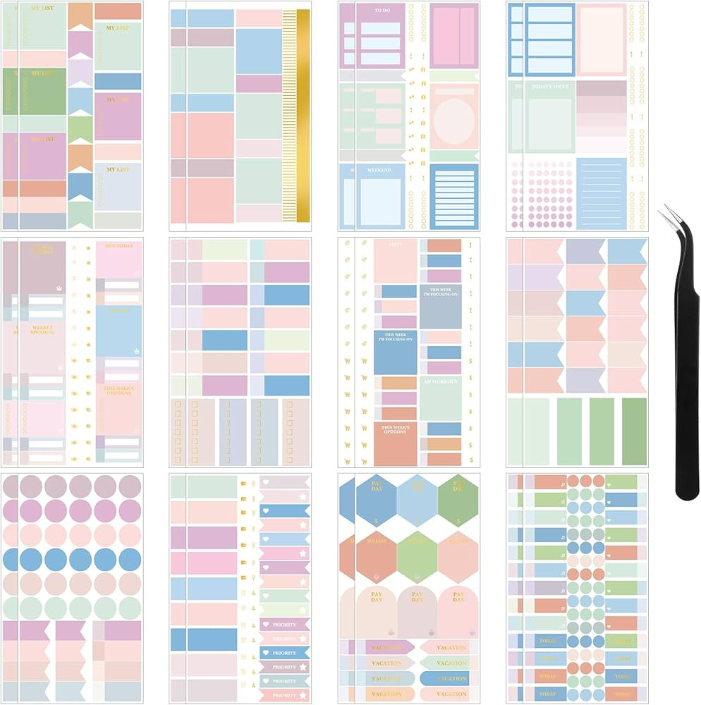 24 Sheets Pastel Functional Planner Stickers Mixed Metallic Functional and Elegant Stickers with ... | Amazon (US)