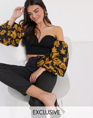 True Violet exclusive off shoulder sweetheart top in black with ochre floral contrast sleeves | ASOS (Global)