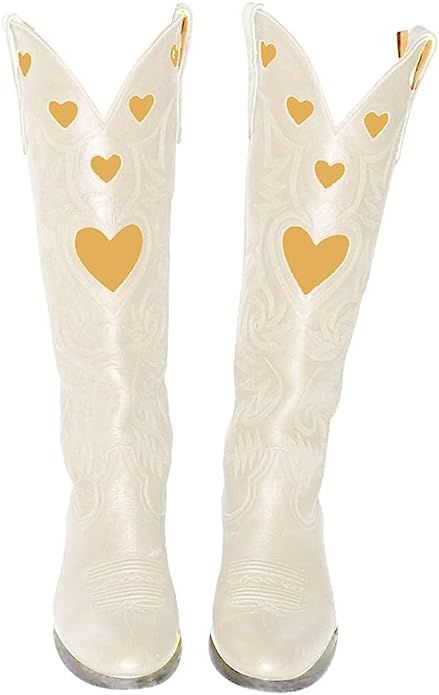Womens Mid Calf Boots Chunky Heel Cute Heart Cowgirl Cowboy Colorful Western Cosplay Party Boots | Amazon (US)