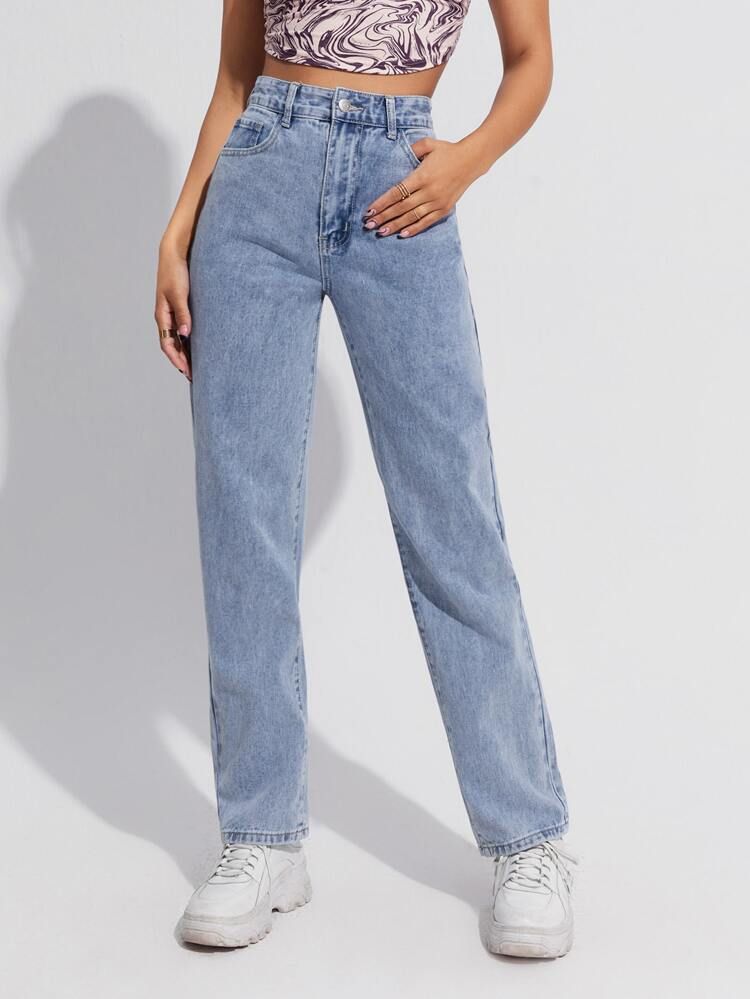 High Waist Slant Pocket Straight Jeans | SHEIN