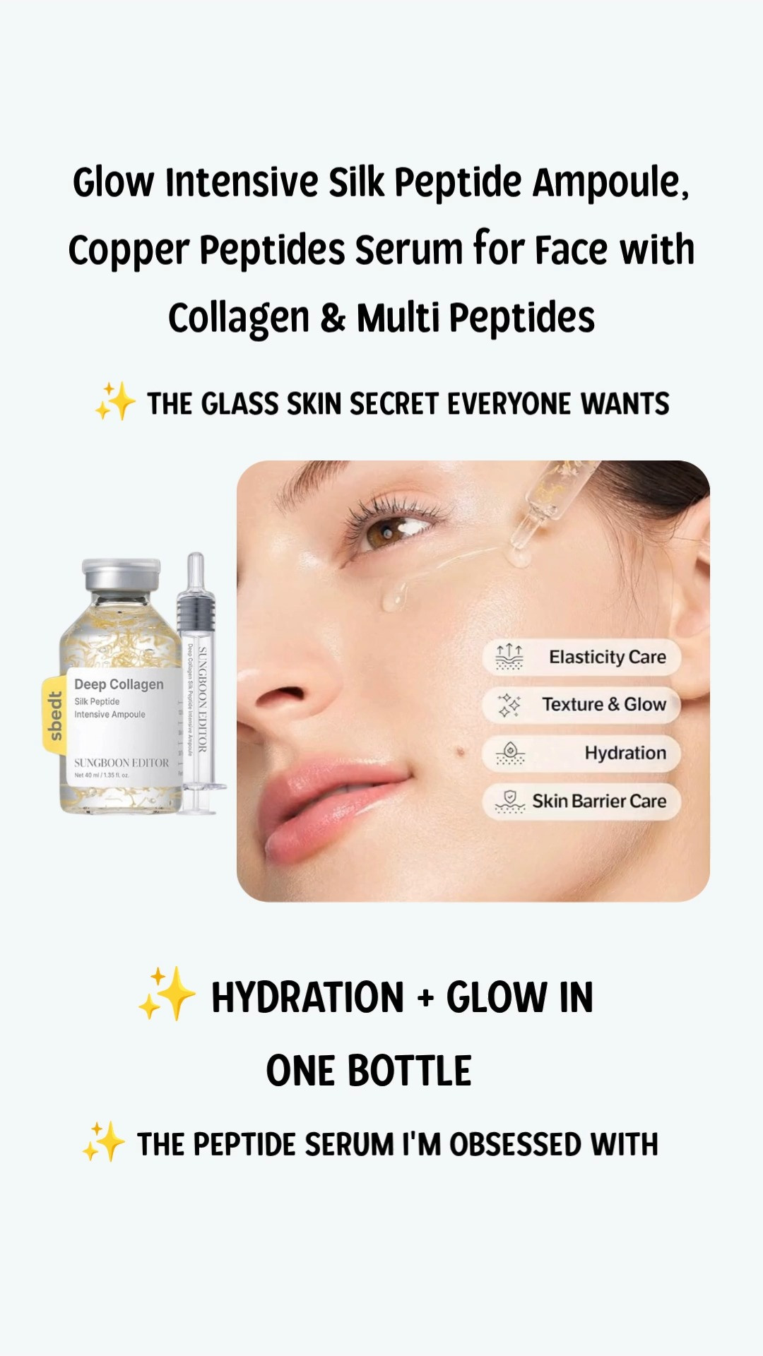✨ THE KOREAN SKINCARE SERUM BEAUTY LOVERS CAN'T STOP TALKING ABOUT ✨

If glowing, hydrated, glass-like skin is your goal, the SUNGBOON EDITOR Glow Intensive Silk Peptide Ampoule deserves a spot in your skincare routine. Packed with Copper Peptides, Collagen, and Multi-Peptides, this Korean beauty favorite helps make your skincare routine feel luxurious and effective.

💖 Copper Peptide Formula
✨ Collagen + Multi-Peptides
💖 Lightweight ampoule texture
✨ Hydrating skincare essential
💖 Korean beauty favorite
✨ Perfect for day and night routines

Whether you're building a Korean skincare routine, refreshing your beauty lineup, or looking for products that leave your skin looking radiant and hydrated, this serum is one you'll reach for every day.

#KBeauty #KoreanSkincare #PeptideSerum #GlassSkin #BeautyFinds #SkincareRoutine #GlowSkin #AmazonBeauty #LTKBeauty #BeautyFavorites

 

 #LTKselfcare #LTKSaleAlert #LTKBeauty