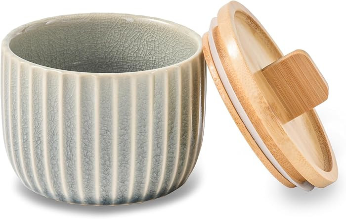 Salt Cellar Keeper with Bamboo Lid, 14oz Big Capacity Ceramic Sugar Bowls Pepper Box, Crackle Gla... | Amazon (US)