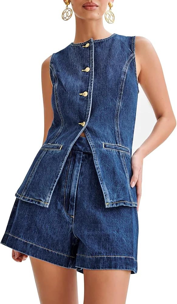 Kedera Women's Button Down Slim Fit Denim Vest Crew Neck Sleeveless Jean Jacket Waistcoat with Po... | Amazon (US)