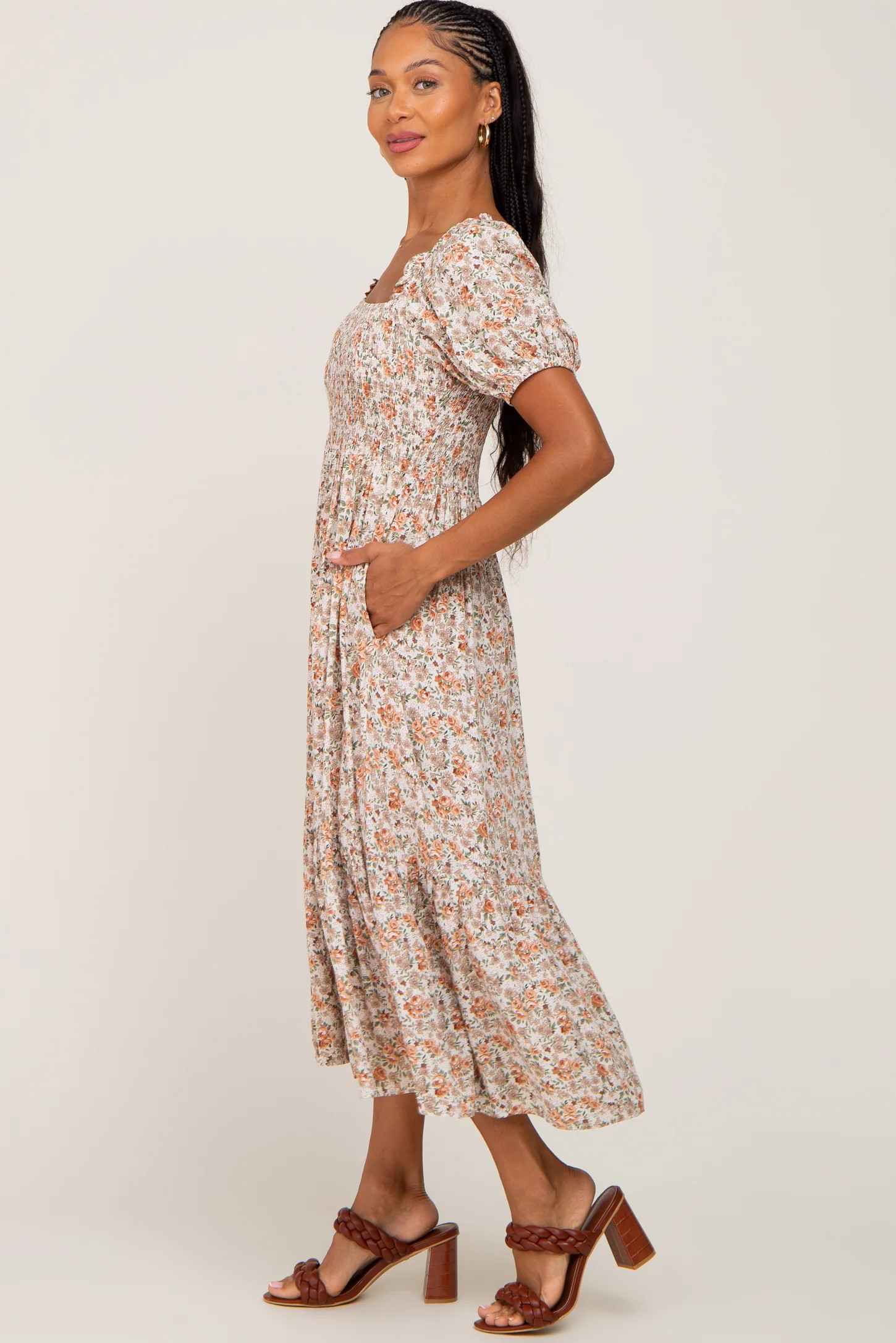 Taupe Floral Smocked Puff Sleeve Midi Dress | PinkBlush Maternity