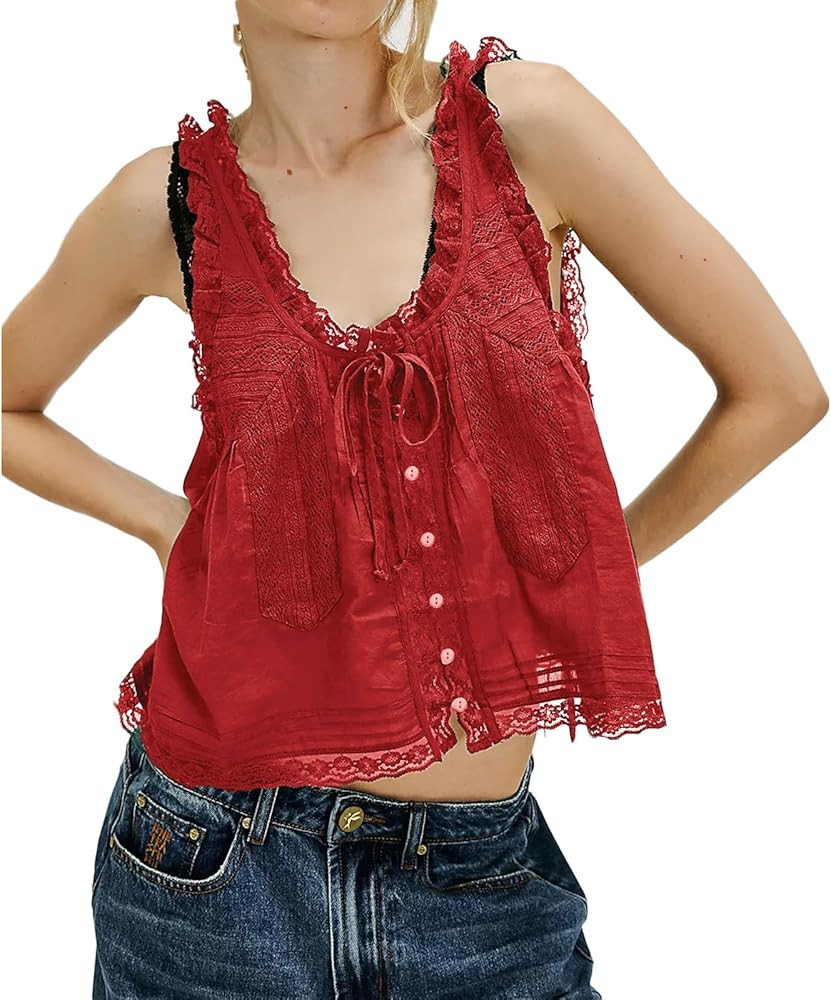 Women Lace Trim Vest Tank Tops Semi Sheer Tie Button Front Crop Y2K Going Out Tops Cute Summer Ca... | Amazon (US)