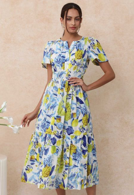 Tropical Fruit Dreamland Notch Neckline Cotton Midi Dress in Navy | Chicwish