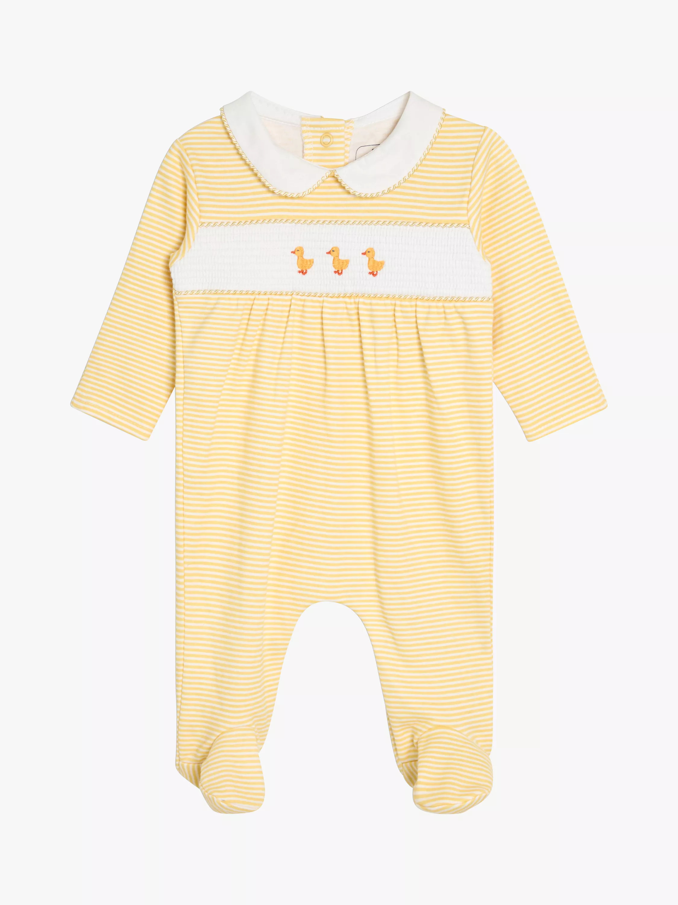 JoJo Maman Bébé Cotton Footed Smocked Duck Embroidered Sleepsuit, Yellow | John Lewis (UK)