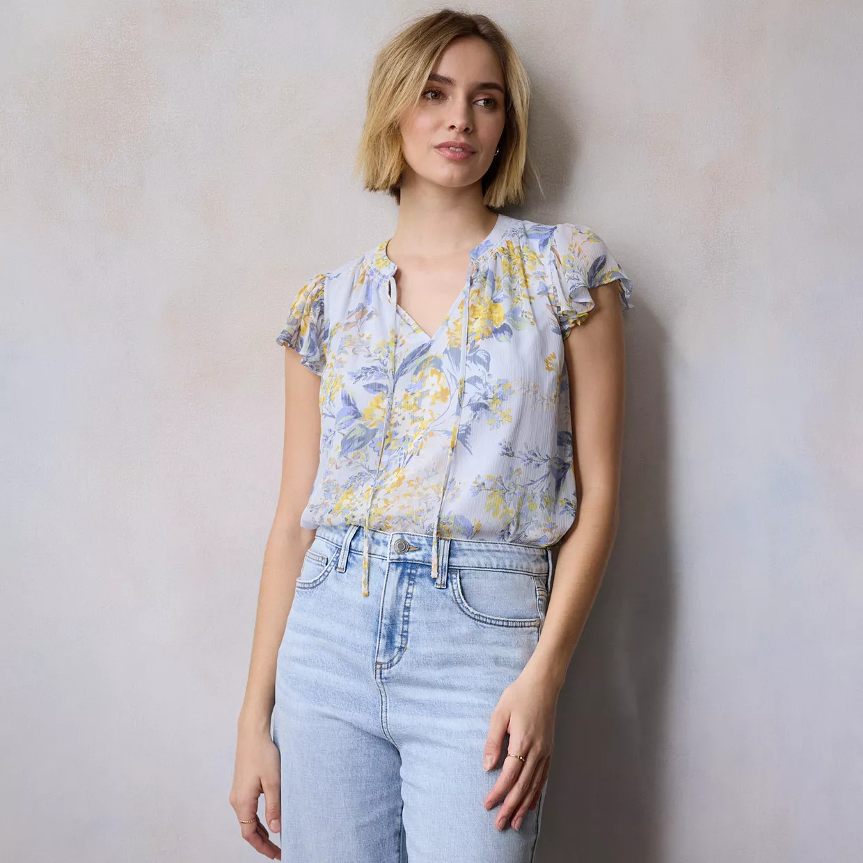 Women's LC Lauren Conrad Tie Front Ruffled V-Neck Shell | Kohl's